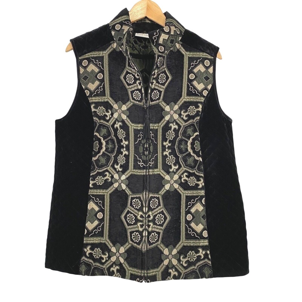 Susan Graver Womens Velvet Quilted Embroidered Vest sz 10 Black Full Zip Artsy